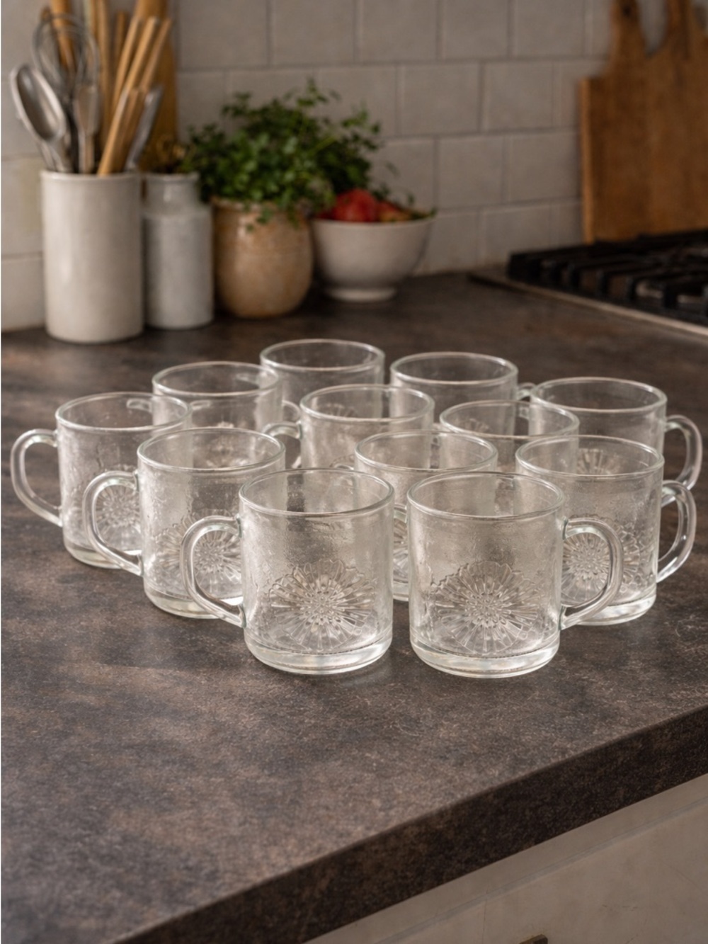KIG Indonesia Clear Glass Hibiscus & Tropical Leaf Mugs | Vtg Press Glass Set\11